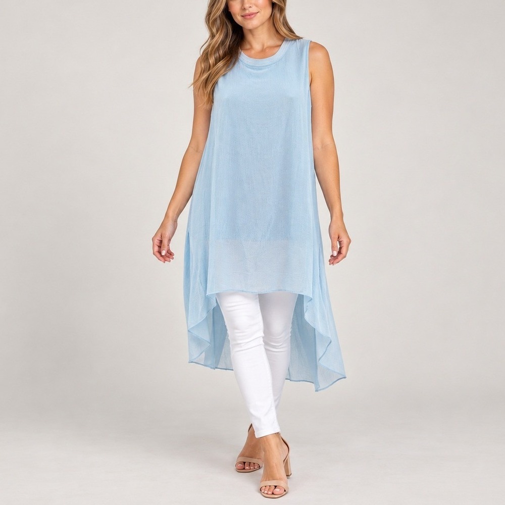 Halston Sleeveless High Low Tunic Top XS Light Blue Sheer Layered
